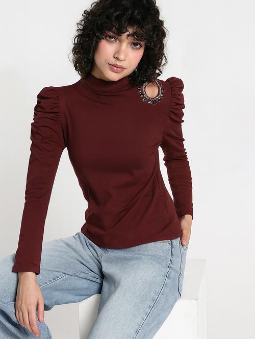 women solid mock neck puff sleeve regular top - 22086393 - Very Small Image - 1