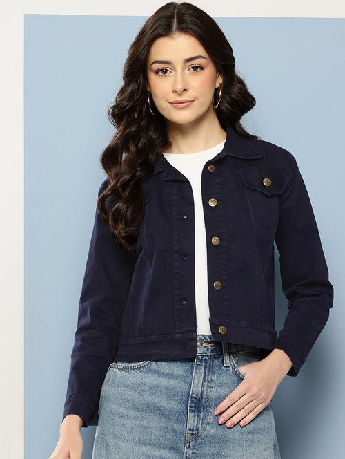 Women Solid Long Sleeve Collared Denim Jacket - 22086566 - Very Small Image - 1