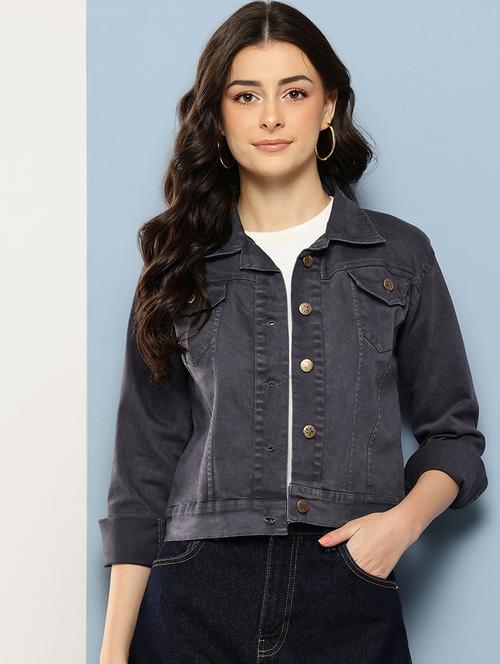 women solid long sleeve collared denim jacket - 22086568 - Very Small Image - 1
