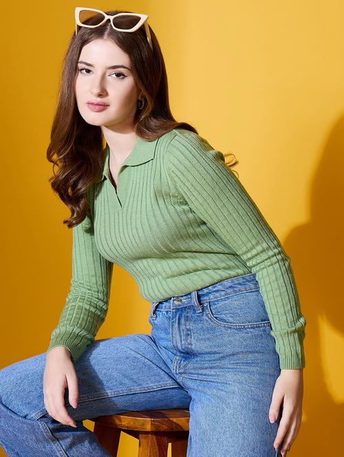 women solid collared long sleeve pullover - 22088939 - Very Small Image - 1