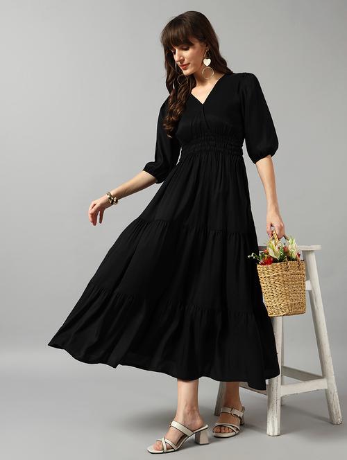 women solid puff sleeve tiered dress - 22089256 - Very Small Image - 1