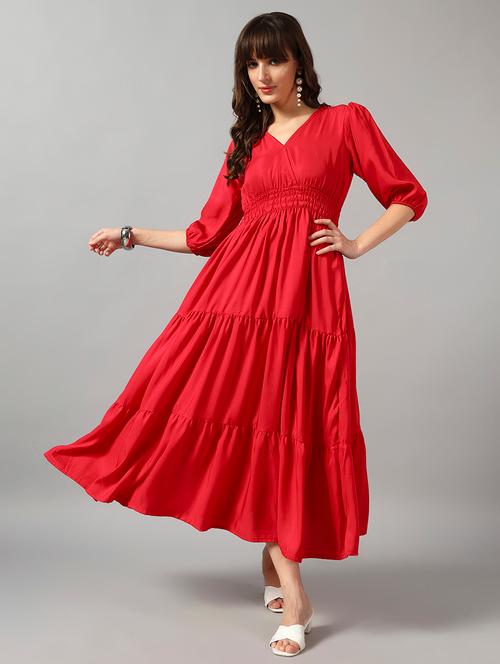 women solid puff sleeve tiered dress - 22089258 - Very Small Image - 1