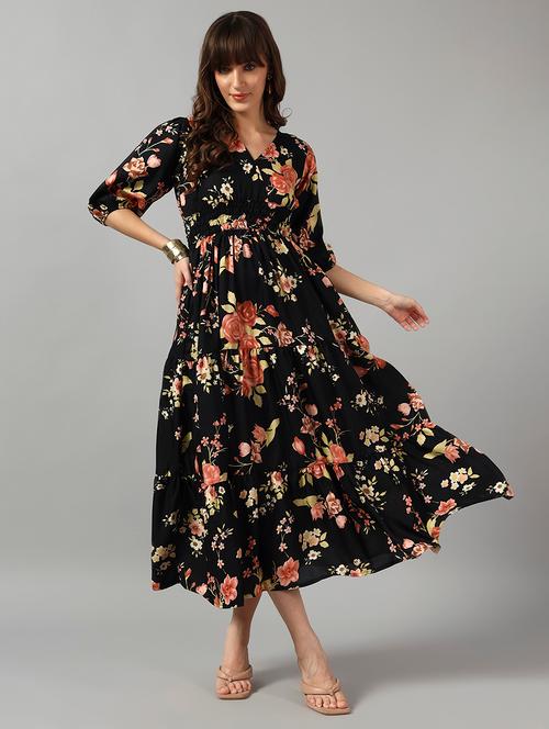 women floral print three quarter sleeve tiered dress - 22089259 - Very Small Image - 1