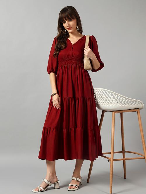 women solid puff sleeve tiered dress - 22089278 - Very Small Image - 1