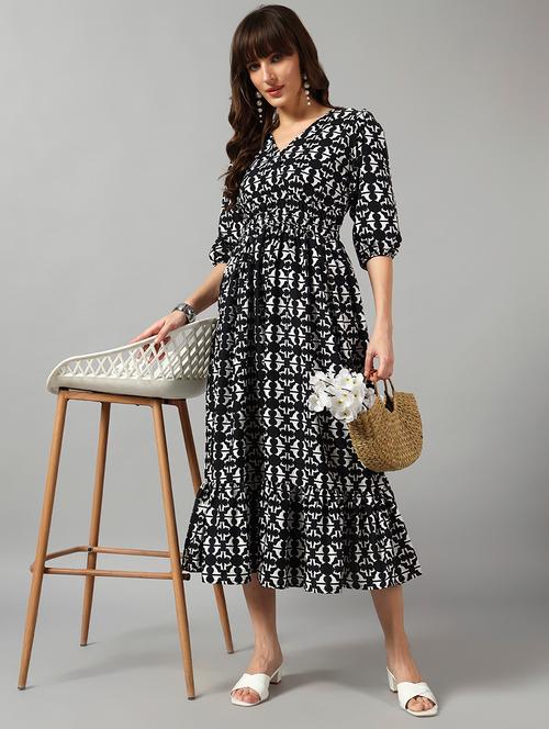 women printed puff sleeve tiered dress - 22090767 - Very Small Image - 1