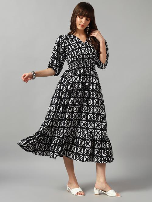 women printed puff sleeve tiered dress - 22090769 - Very Small Image - 1