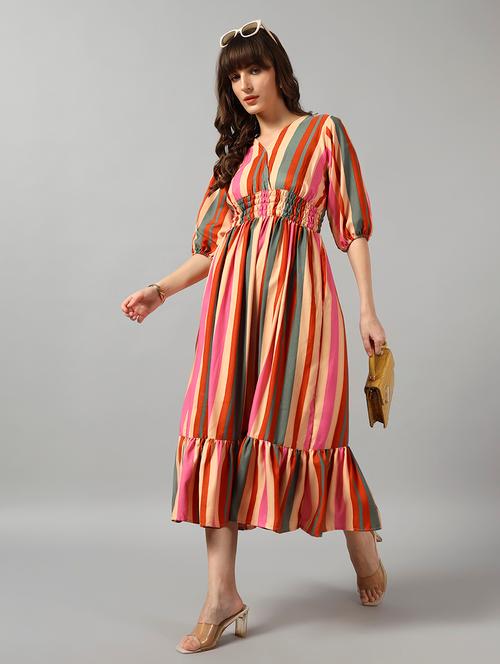 women striped puff sleeve tiered dress - 22090779 - Very Small Image - 1