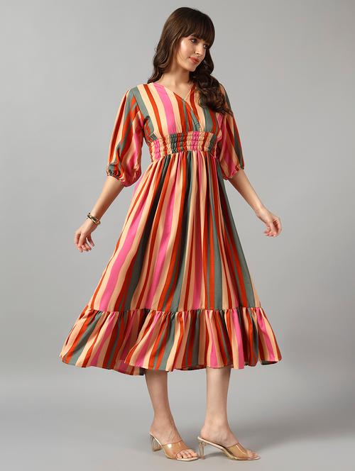 women striped puff sleeve tiered dress - 22090781 - Very Small Image - 1