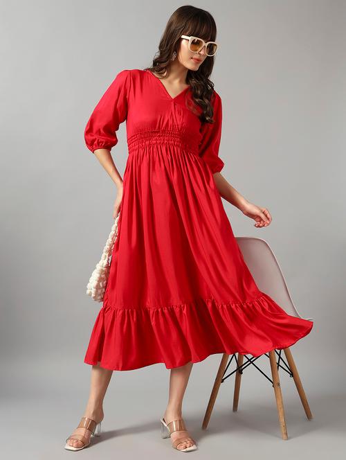 women solid puff sleeve tiered dress - 22090803 - Very Small Image - 1