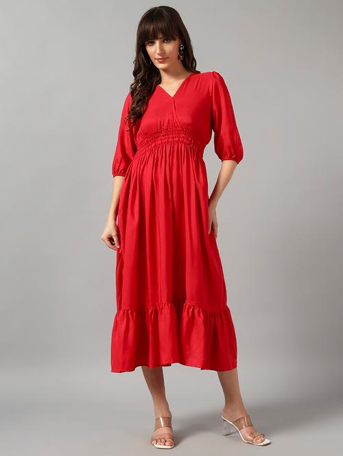 women solid puff sleeve tiered dress - 22090805 - Very Small Image - 1