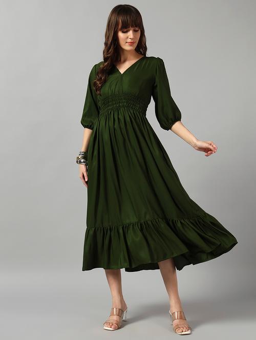 women solid puff sleeve tiered dress - 22090811 - Very Small Image - 1