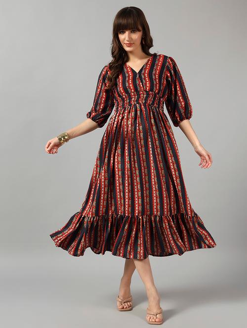 women printed puff sleeve tiered dress - 22090816 - Very Small Image - 1