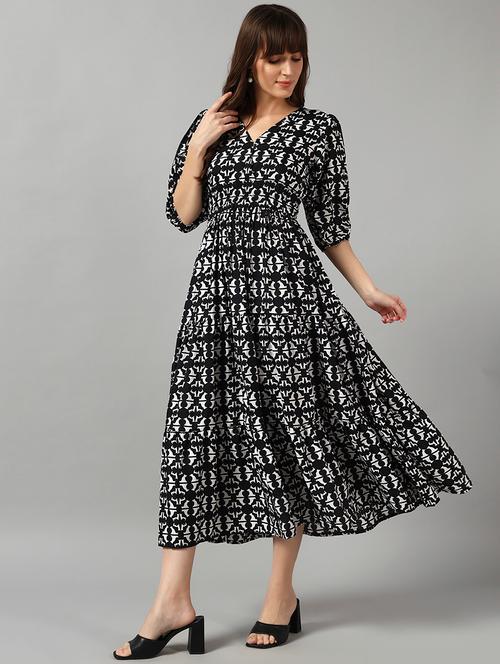 women printed puff sleeve tiered dress - 22091534 - Very Small Image - 1
