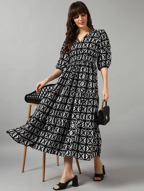 women printed puff sleeve tiered dress - 22091536 - Very Small Image - 1