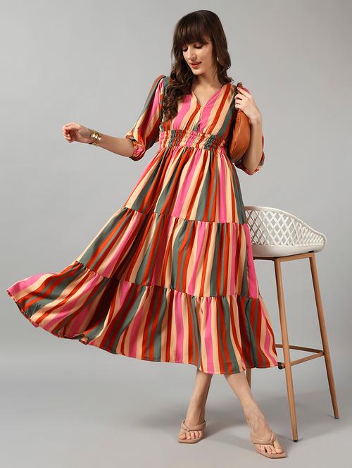 women striped puff sleeve tiered dress - 22091544 - Very Small Image - 1