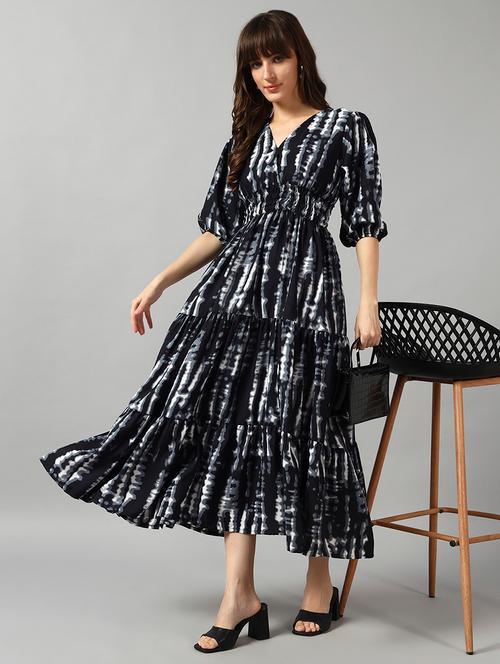 women tie & dye printed puff sleeve tiered dress - 22091547 - Very Small Image - 1