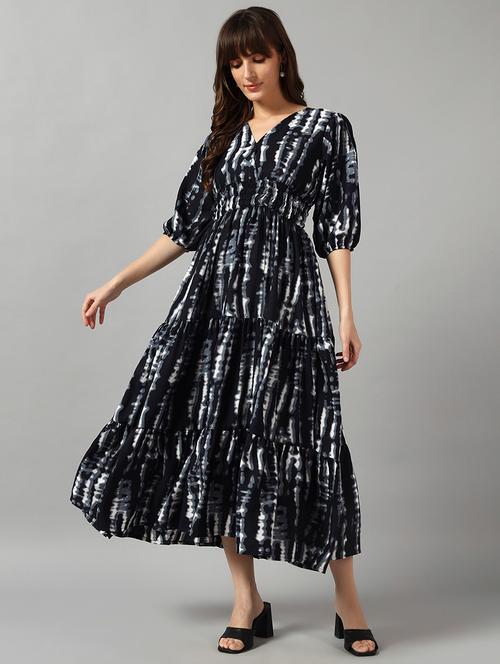 women tie & dye printed puff sleeve tiered dress - 22091551 - Very Small Image - 1