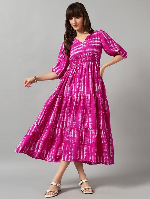 women tie & dye printed puff sleeve tiered dress - 22091554 - Very Small Image - 1