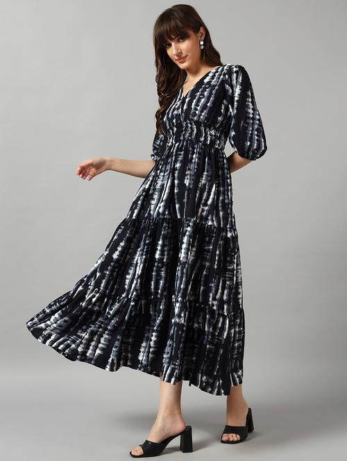 women tie & dye printed puff sleeve tiered dress - 22091555 - Very Small Image - 1