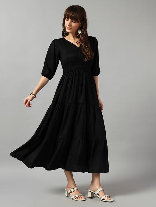 women solid puff sleeve tiered dress - 22091565 - Very Small Image - 1