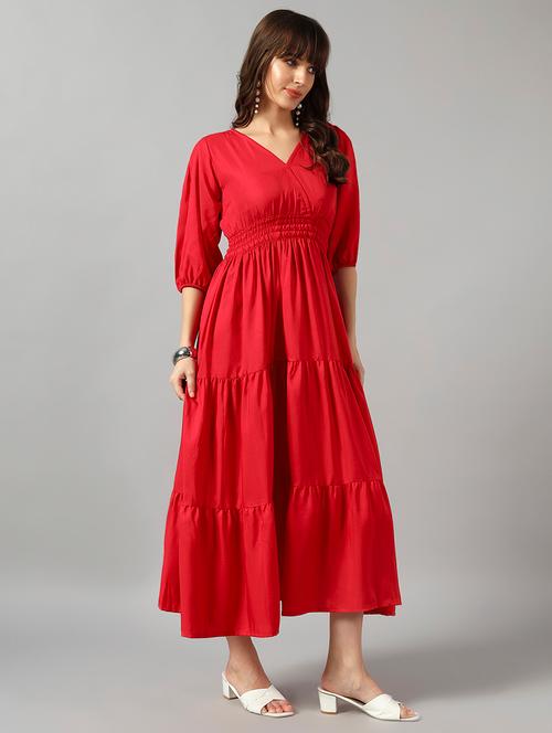 women solid puff sleeve tiered dress - 22091572 - Very Small Image - 1