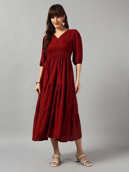 women solid puff sleeve tiered dress - 22091574 - Very Small Image - 1