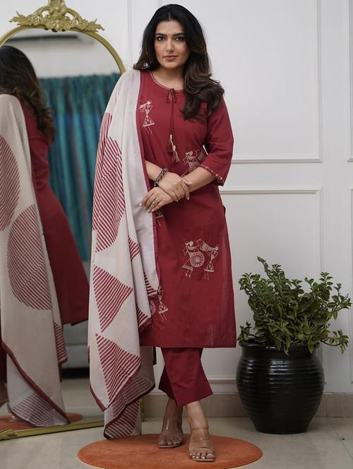 women warli three quarter sleeve kurta pant with dupatta set - 22092093 - Very Small Image - 1