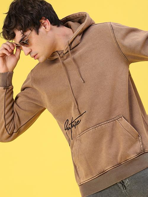 brown fleece hooded printed men men solid long sleeve hooded sweatshirt - 22092749 - Very Small Image - 1