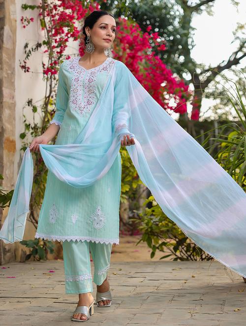 women embroidered three quarter sleeve kurta pant with dupatta set - 22093232 - Very Small Image - 1