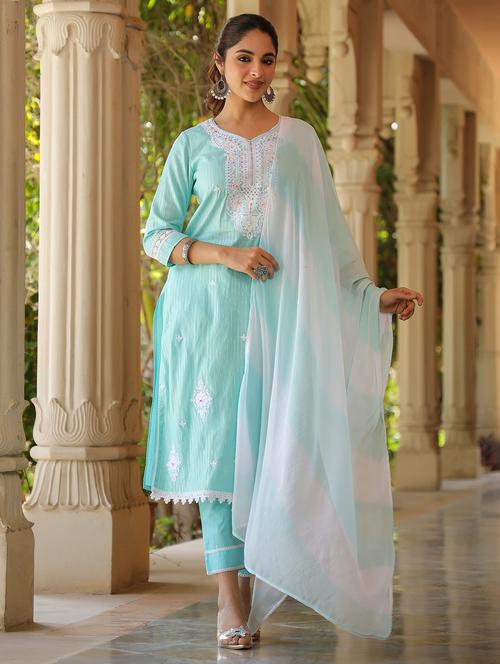 women embroidered three quarter sleeve kurta pant with dupatta set - 22093244 - Very Small Image - 1