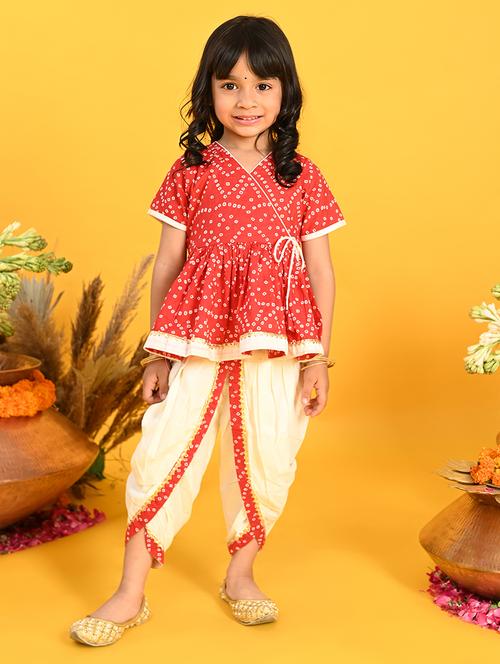 girls bandhani print kurta and dhoti set  - 22093386 - Very Small Image - 1