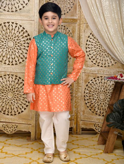 boys foil print kurta and pyjama with jacket - 22093396 - Very Small Image - 1