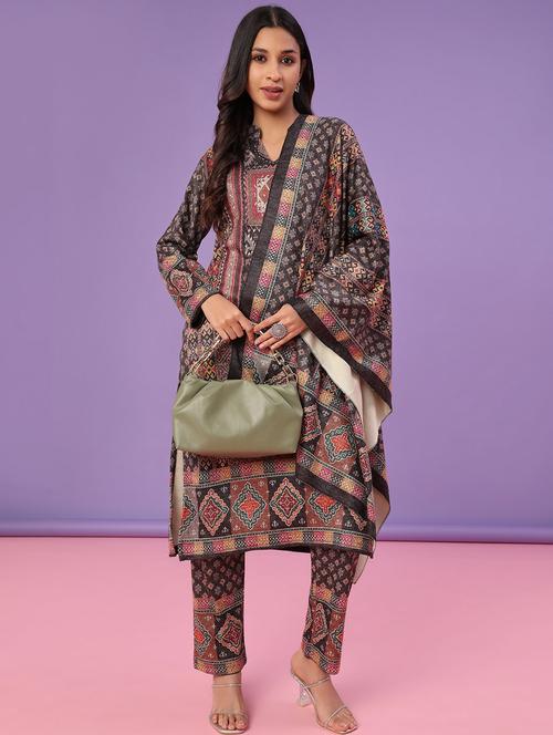 women printed long sleeve kurta pant with dupatta set - 22101042 - Very Small Image - 1