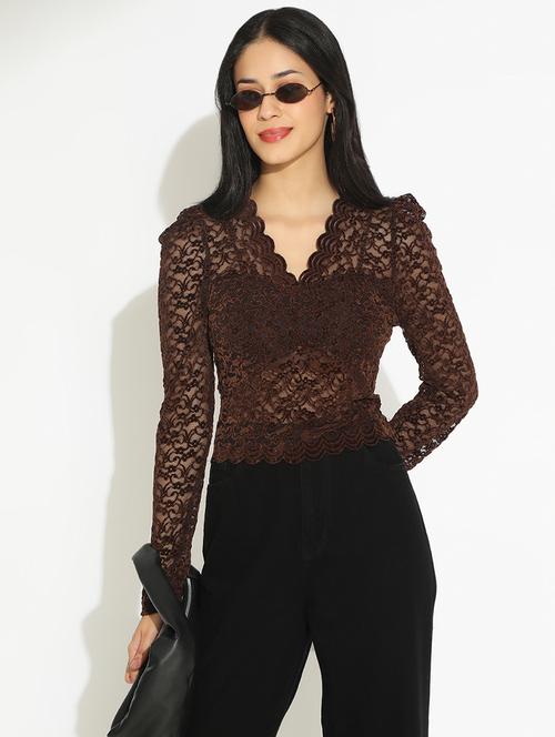 women solid puff sleeve sheer lace top - 22101928 - Very Small Image - 1