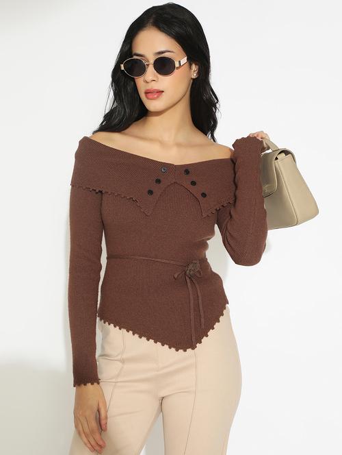 women's brown fitted top with waist tie-up - 22101932 - Very Small Image - 1