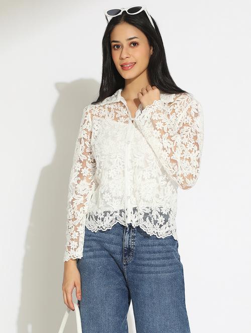 women's floral white semi sheer top with speghetti - 22101937 - Very Small Image - 1