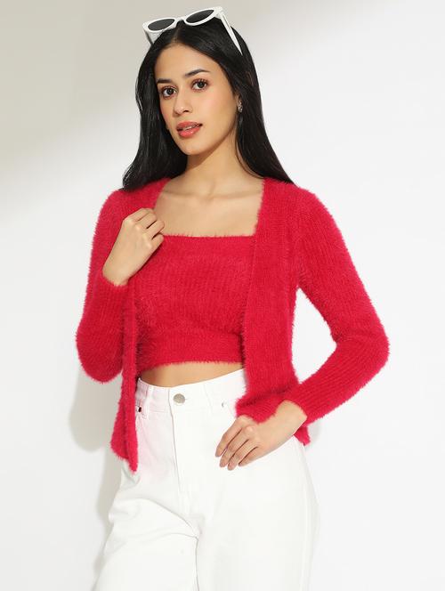 women solid shoulder strap crop top with shrug - 22101941 - Very Small Image - 1