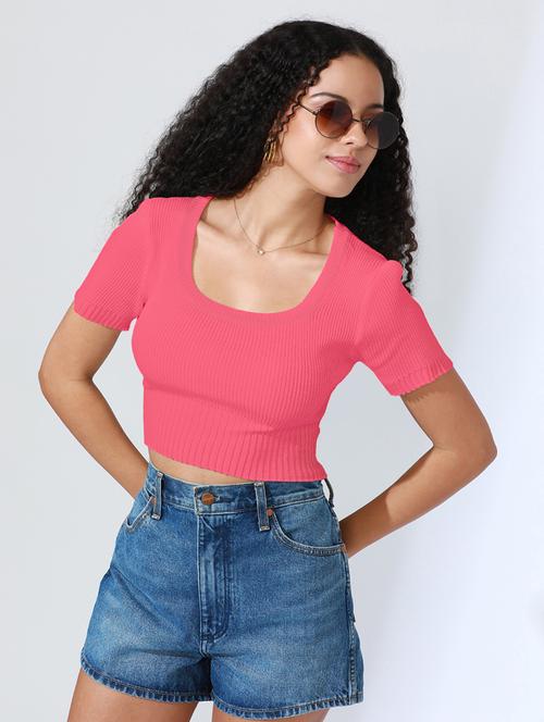 women solid short sleeve crop top - 22101950 - Very Small Image - 1