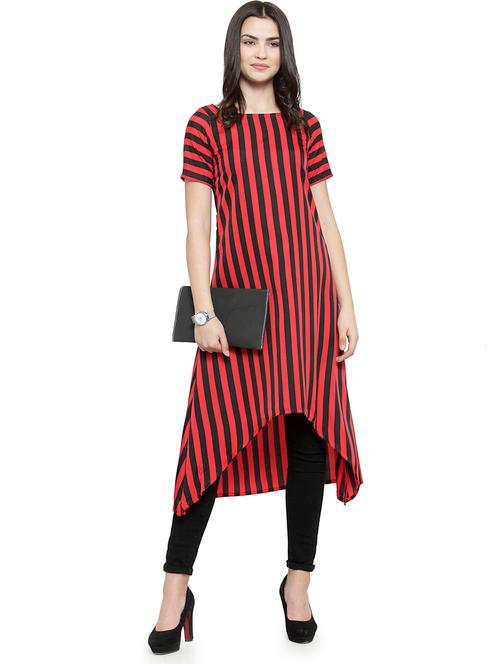 women striped short sleeve high-low kurta - 22102976 - Very Small Image - 1