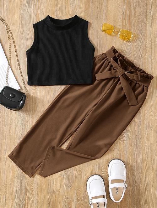 girls solid top & trouser co-ord set - 22105492 - Very Small Image - 1