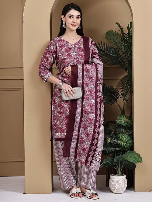women printed three quarter sleeve kurta salwar with dupatta set - 22105883 - Very Small Image - 1