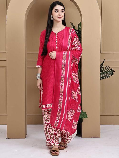 women printed three quarter sleeve kurta salwar with dupatta set - 22105890 - Very Small Image - 1