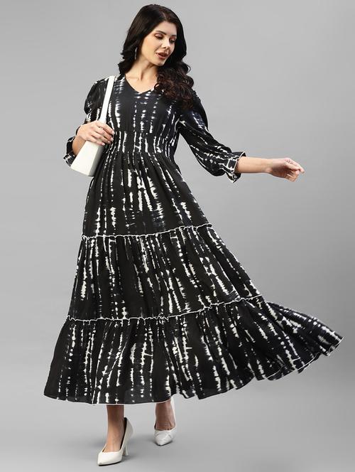 women tie & dye printed puff sleeve tiered dress - 22106069 - Very Small Image - 1