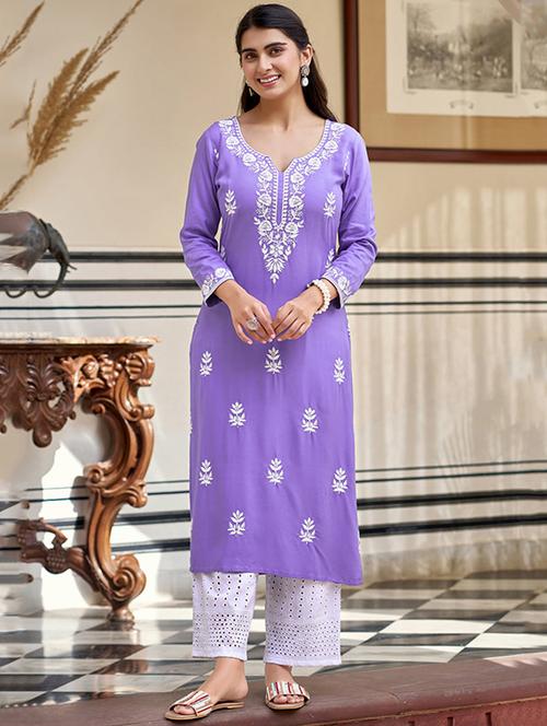 women three quarter sleeve straight chikankari  kurta - 22106384 - Very Small Image - 1