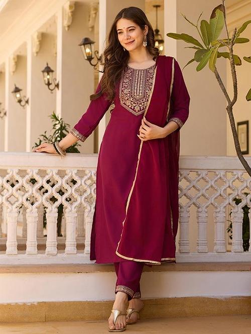 women embroidered three quarter sleeve kurta pant with dupatta set - 22106386 - Very Small Image - 1