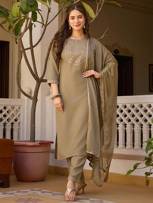 women embroidered three quarter sleeve kurta pant with dupatta set - 22106388 - Very Small Image - 1