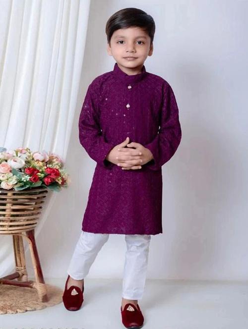 boys embroidered long sleeve kurta & pyjama set - 22107621 - Very Small Image - 1