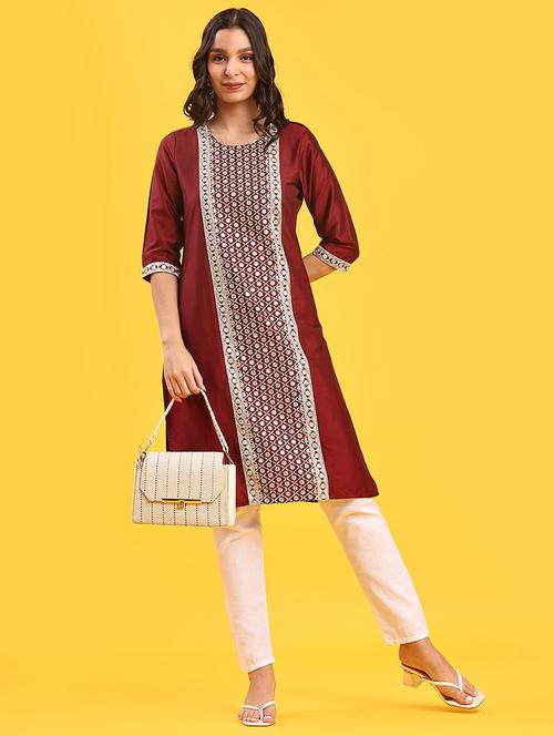 Women Solid With Work Three Quarter Sleeve Straight Kurta - 22138602 - Very Small Image - 1