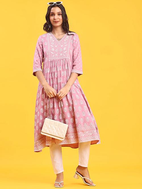 women printed three quarter sleeve a-line kurta - 22139390 - Very Small Image - 1