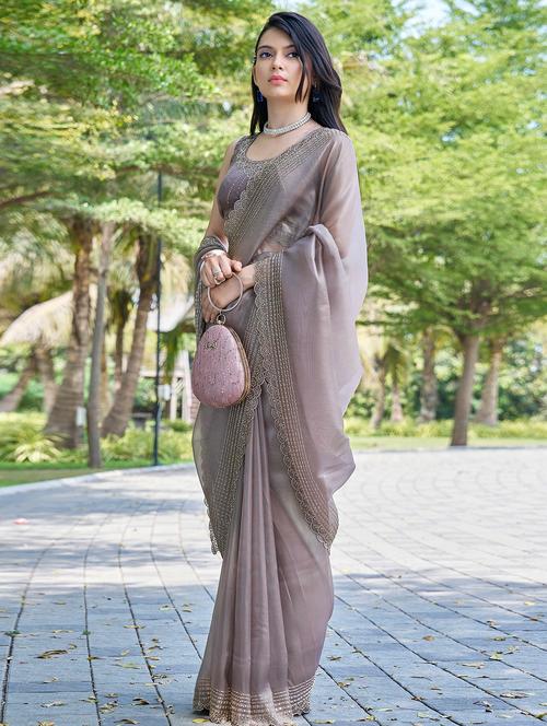 women solid with embellished bordered saree with blouse - 22140096 - Very Small Image - 1